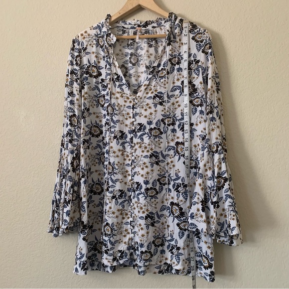 Free People Magic Mystery Blue Floral Bell Sleeve Tunic Blouse Dress Size Small - Picture 3 of 10